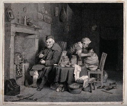 An old man sits by the fire while a woman washes a child's face from a bowl on a chair. Engraving by T. Mitchell after D. Wilkie R.A.