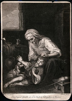 A woman combs a boy's hair while he lies on the floor playing with a dog. Etching by Hauber after Murillo.