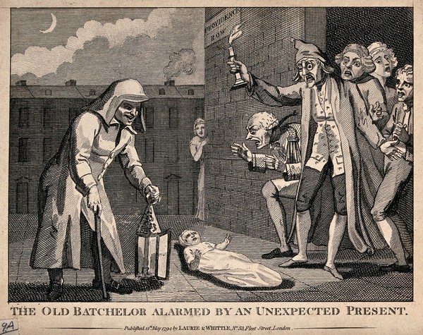 A baby has been left outside the town-house of an old bachelor, and a young woman watches from the corner of the street. Engraving, 1794.