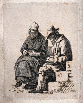 An old man sits asleep with his hands clasped while an old lady looks down at something she is holding in her hands. Etching by W. Geikie.