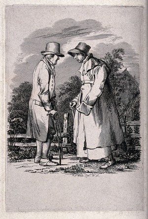 view Two old people both with walking sticks stand facing one another. Etching by I.C. White.