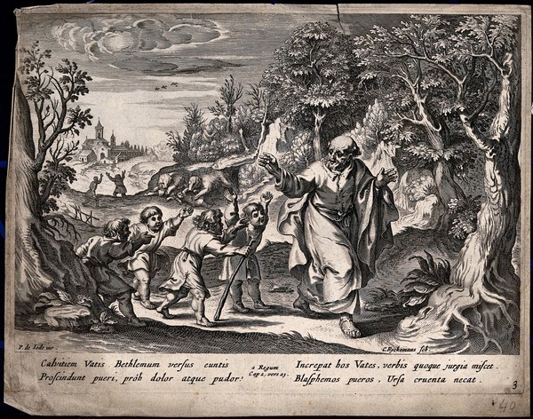 Elisha on his way to Bethel is taunted for his baldness by small boys: he curses them, and two she-bears come out of the woods and kill the boys. Engraving by C. Ryckemans after P. de Jode.