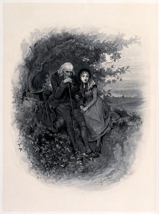 A girl and her grandfather sit at the top of a hill which looks back over St Paul's cathedral. Lithograph by J. Barnard.