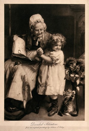 view A grandmother reads to her granddaughter, but their attention is caught by two kittens playing with a piece of thread. Mezzotint after A. J. Elsley.