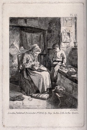 An old lady sits with a basket on her lap while a boy is about to spread jam on a piece of bread. Etching by J. Clark.