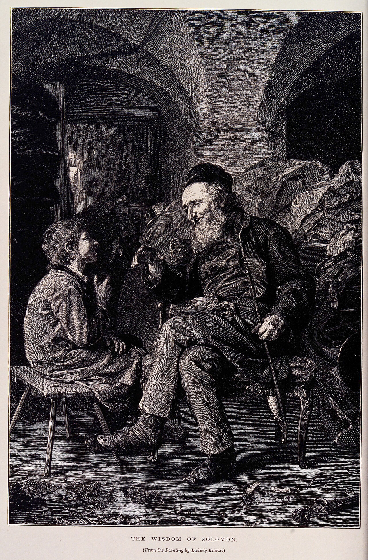 A young Jewish boy listens to the wise words of his aged uncle. Wood engraving by C.E. Forberg after Ludwig Knaus., by Ludwig Knaus