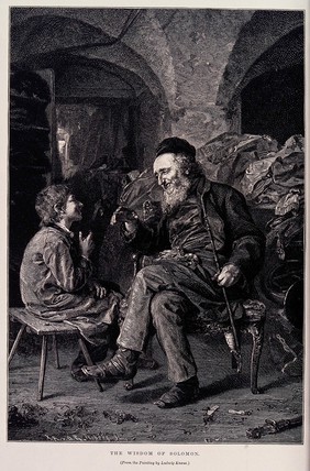 A young Jewish boy listens to the wise words of his aged uncle. Wood engraving by C.E. Forberg after Ludwig Knaus.