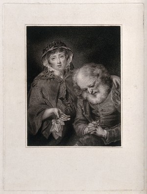 view A young woman places a comforting arm around an old man's shoulders. Stipple engraving.