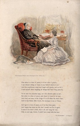 A young woman sits on the floor at the feet of her grandmother who has been reading from the Bible on the table nearby. Colour woodcut by Edmund Evans after J.E. Millais.