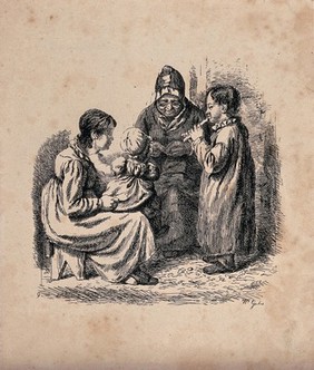 A family group with an old lady, a young woman with a child on her lap and a small boy playing a whistle. Etching by W. Geikie.