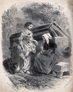 view An old woman gives advice to a young woman at a well. Lithograph by Bertaut after C. Nanteuil.