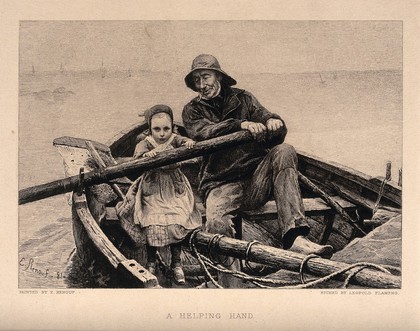 A young child helps a fisherman pull on the oar of his boat. Etching by Leopold Flameng after E. Renouf.
