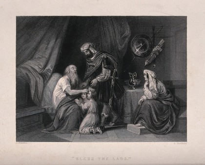 Jacob (Israel) blesses Ephraim and Manasseh, watched by Joseph. Engraving by G. Presbury after J. Franklin.