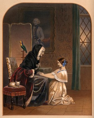 view A girl kneels on the floor in front of an old lady holding her hands in her lap. Chromolithograph.