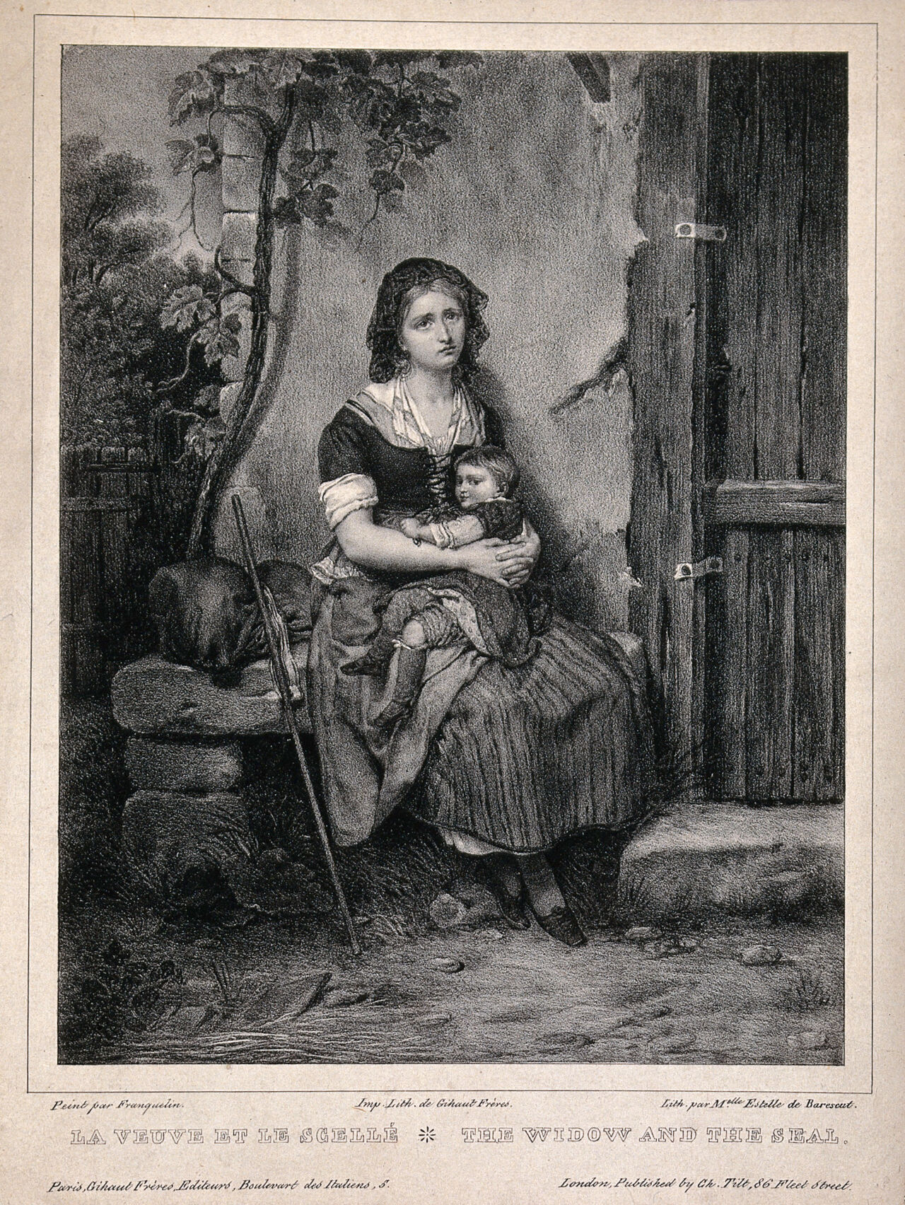 A young widow has had the door of her cottage sealed against her and sits on a stone outside with a few belongings and a child on her lap. Lithograph by M. Estelle de Barescut after Franquelin., by Jean-Augustin Franquelin