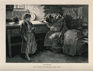 view A young widowed woman sits and weeps, while one barefoot child looks on and a baby sleeps in the cradle. Wood engraving by M. Klinricht after Frank Holl.