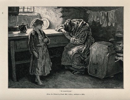 A young widowed woman sits and weeps, while one barefoot child looks on and a baby sleeps in the cradle. Wood engraving by M. Klinricht after Frank Holl.