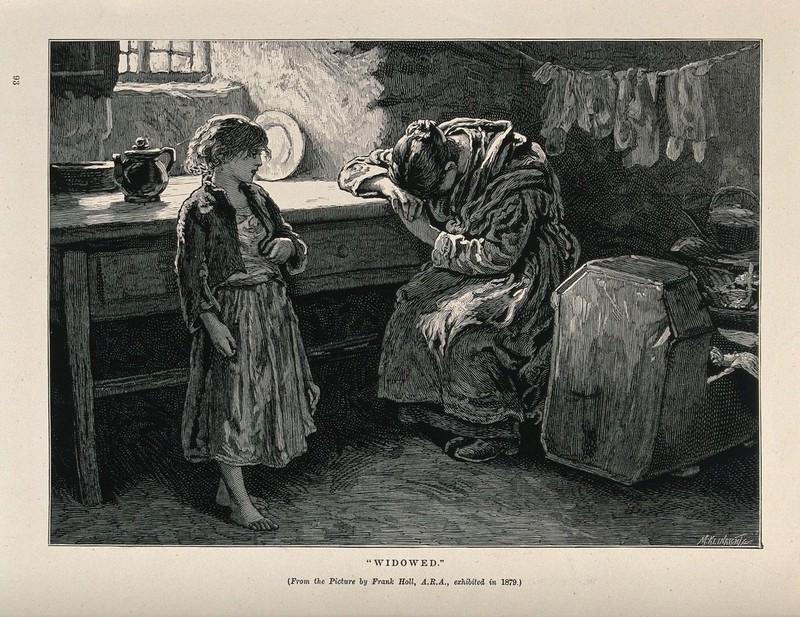 A young widowed woman sits and weeps, while one barefoot child looks on and a baby sleeps in the cradle. Wood engraving by M. Klinricht after Frank Holl., by Francis Montague Holl