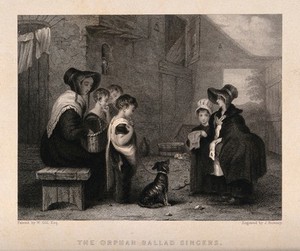 view Two homeless orphans (a girl and a young woman) singing ballads to a family. Engraving by J. Romney after W. Gill.