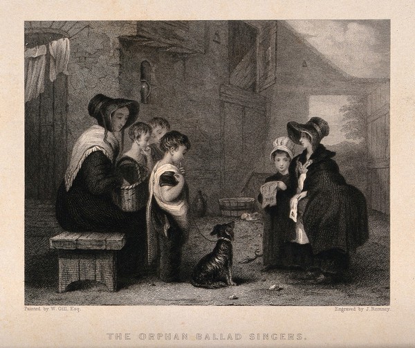 Two homeless orphans (a girl and a young woman) singing ballads to a family. Engraving by J. Romney after W. Gill.