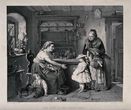 A girl is brought by an old woman to visit her former foster-mother and wet nurse in a cottage. Engraved by E. Mohn after M. Ritscher.