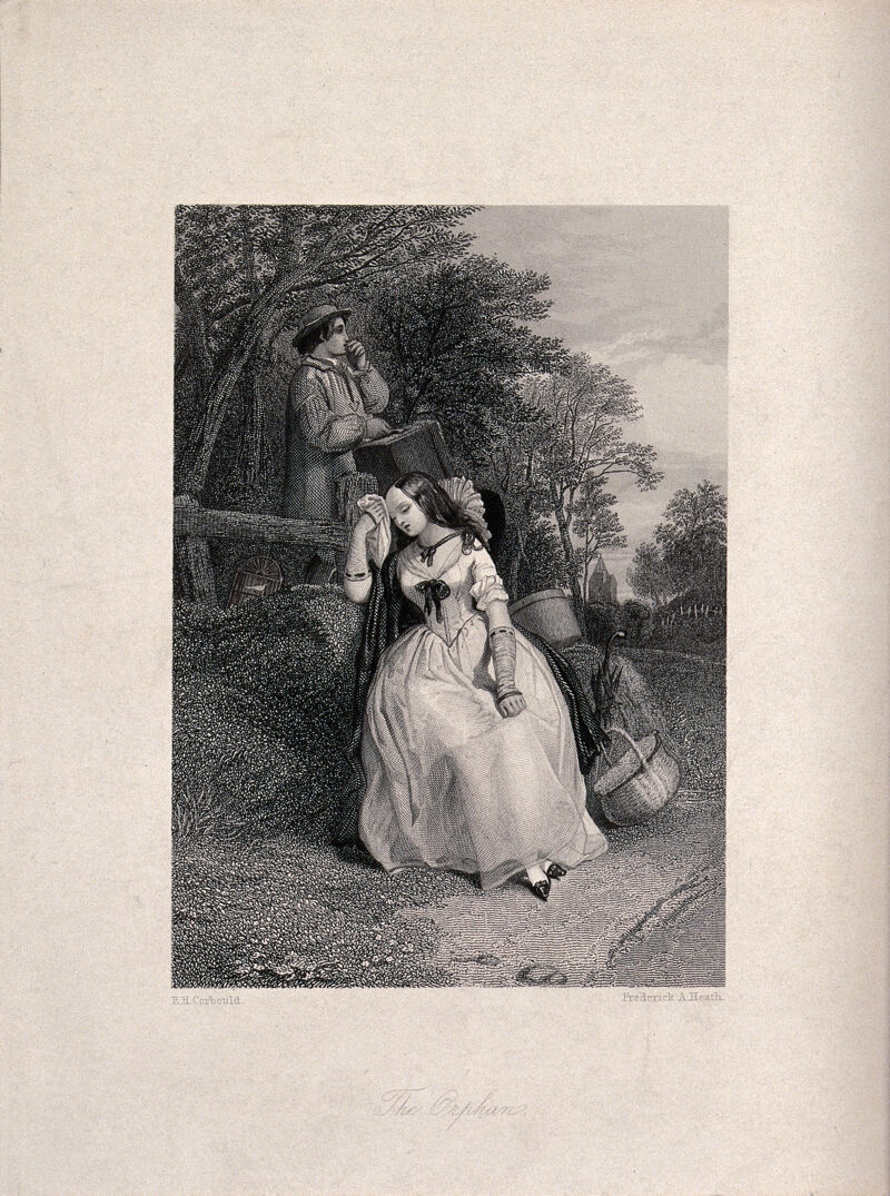 A young woman rests by the side of the road, her companion carries a case. Engraving by F. A. Heath, 1852, after E.H. Corbould., [1852], by Edward Henry Corbould