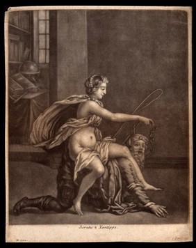 Xanthippe rides on the back of Socrates with a whip in her hand. Mezzotint by J. Smith after HG.
