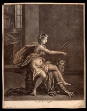 view Xanthippe rides on the back of Socrates with a whip in her hand. Mezzotint by J. Smith after HG.