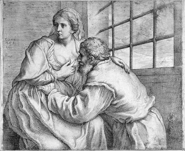 Pero breastfeeding her father Cimon to assuage his hunger. Etching by Francesco Cozza.
