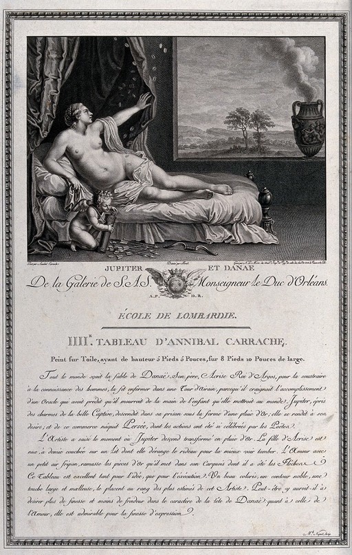 Jupiter holds Danae captive and comes to her in the form of a shower of gold coins which Cupid gathers and puts into his quiver. Engraving by N. Le Mire after Borel after Annibale Carracci.