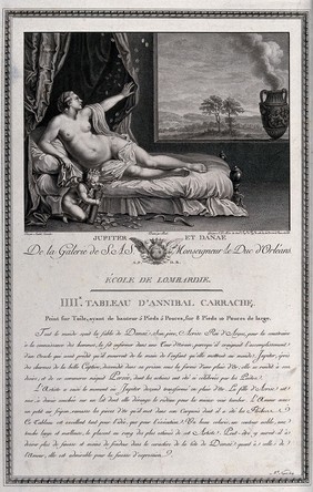 Jupiter holds Danae captive and comes to her in the form of a shower of gold coins which Cupid gathers and puts into his quiver. Engraving by N. Le Mire after A. Borel after Annibale Carracci.