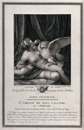 Leda is visited by Jupiter in the form of a swan. Engraving and etching by A. de Saint-Aubin and A. L. Romanet after Vandenbergh after P. Caliari, il Veronese.