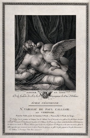 view Leda is visited by Jupiter in the form of a swan. Engraving and etching by A. de Saint-Aubin and A. L. Romanet after Vandenbergh after P. Caliari, il Veronese.