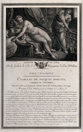 Jupiter visits Leda in the form of a swan. Engraving by E.J. Glairon-Mondet after A. Borel after Jacopo Robusti, il Tintoretto.