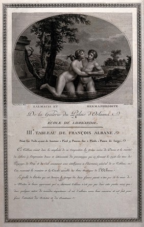 Hermaphroditus in the pool of the spring-nymph Salmacis, who begged the gods that they be joined for all time; the gods acceded and they became one, male and female. Engraving by Colinet after F. Albani.