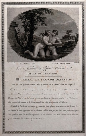 view Hermaphroditus in the pool of the spring-nymph Salmacis, who begged the gods that they be joined for all time; the gods acceded and they became one, male and female. Engraving by Colinet after F. Albani.