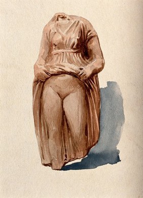 A clay figure of a woman exposing her genital area. Watercolour.