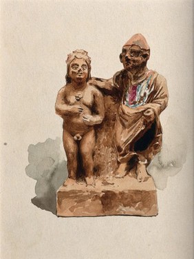 Clay figures, the right one clothed and placing his hand on the left one, who is naked and intersex (hermaphrodite). Watercolour.