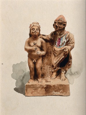 view Clay figures, the right one clothed and placing his hand on the left one, who is naked and intersex (hermaphrodite). Watercolour.