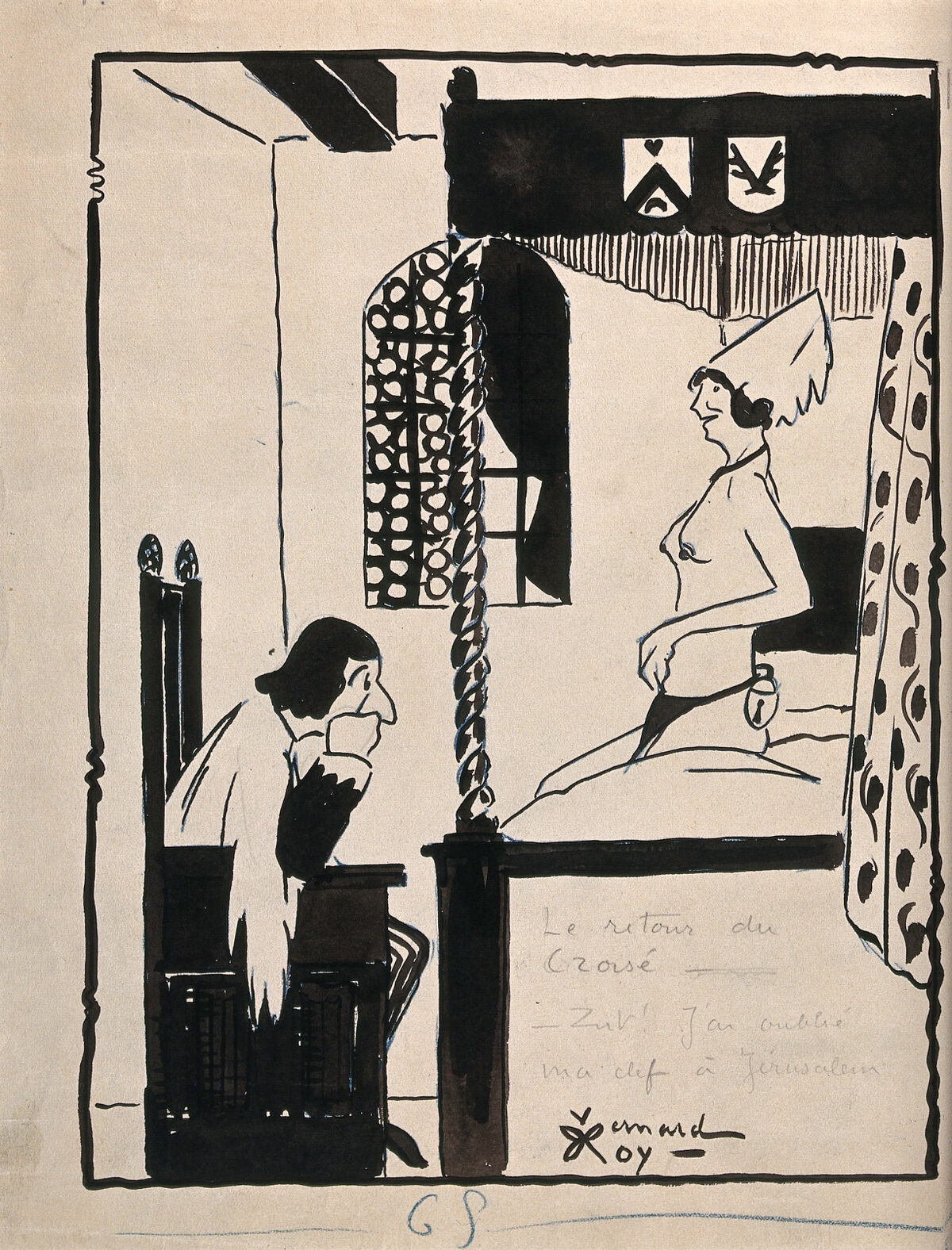 A knight who has returned home from the Crusades sits in his bedchamber bemoaning the fact that he has left the key to his wife's chastity belt in Jerusalem. Ink drawing by B. Roy, c.1900.