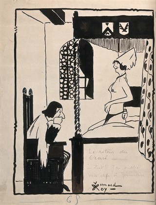 A knight who has returned home from the Crusades sits in his bedchamber bemoaning the fact that he has left the key to his wife's chastity belt in Jerusalem. Ink drawing by B. Roy, c.1900.