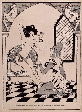 A young man has no need to find the right key to fit woman's chastity belt, as her Crusader husband has locked it with a combination lock. Photomechanical reproduction.