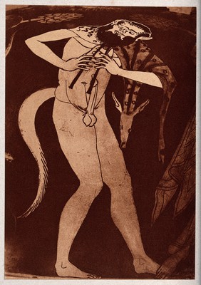 The figure of a man draped in a giraffe skin and playing pipes. Process print, 1921.