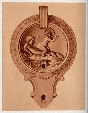 view An ancient oil lamp: a relief on the lid shows two boys. Process print, 1921.