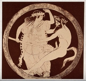 view A depiction of a Maenad holding a thyrsus aimed at the erect penis of a seated satyr. Colour process print, 1921.