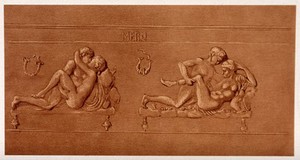 view A plaster frieze depicting men and women. Process print.