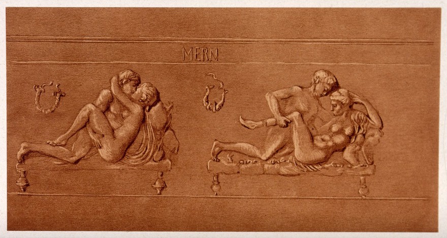A plaster frieze depicting men and women. Process print.