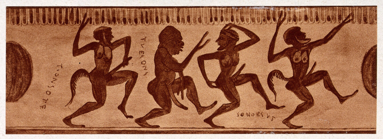 A frieze depicting dancing half-human, half-animal figures. Process print, 1921.