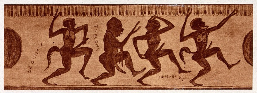 A frieze depicting dancing half-human, half-animal figures. Process print, 1921.