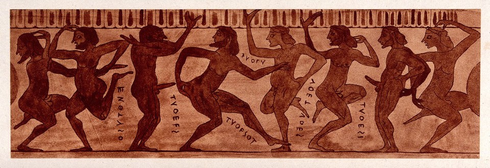 A frieze depicting dancing figures of men. Process print, 1921.